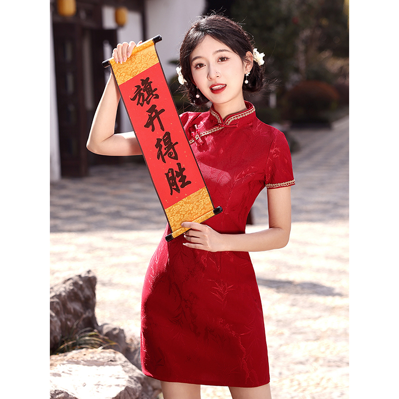 红色旗袍高考送考妈妈女夏季短款