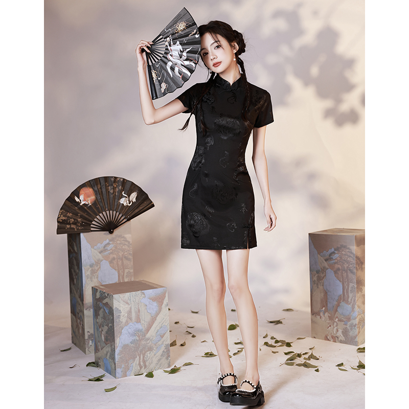 黑色改良短款小个子旗袍裙