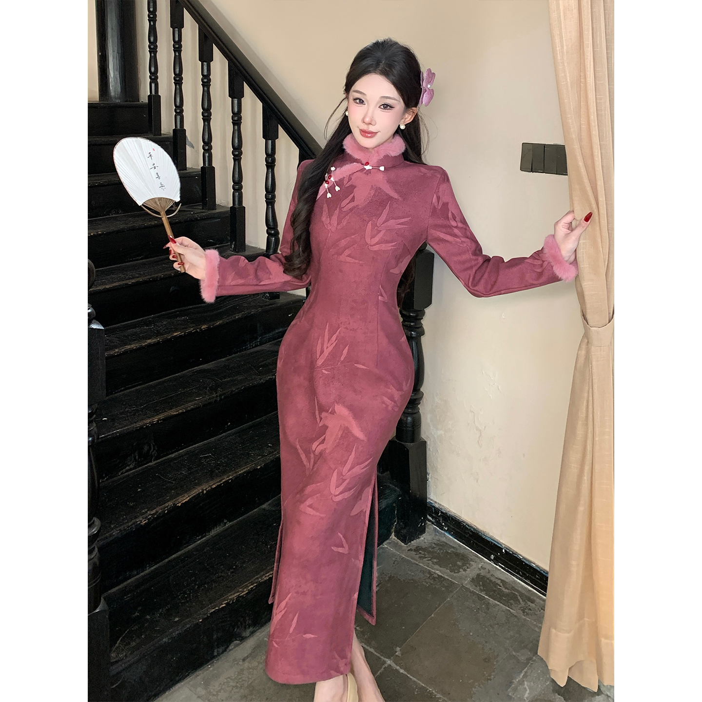 复古紫色冬季旗袍加绒加厚