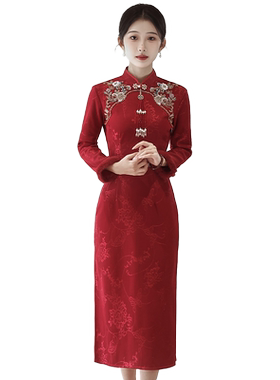 红色提花重工钉珠敬酒服旗袍