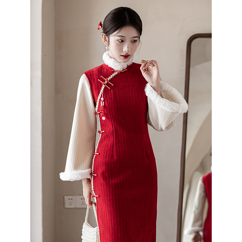 订婚旗袍改良冬季加厚过年战袍