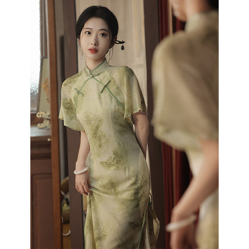 浅绿色改良复古旗袍裙女夏民国风
