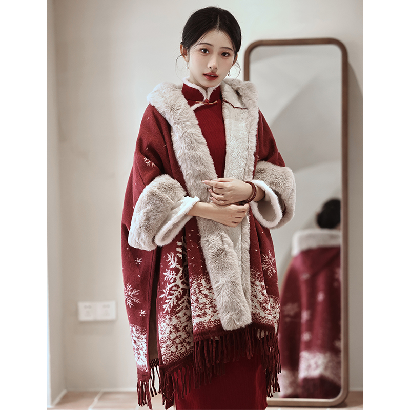 复古民国风红色配旗袍披肩