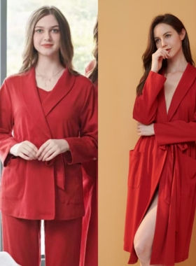绮瑞女红色秋 结婚新婚新娘伴娘本命年吊带睡衣三件套家居服43414