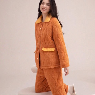 安杜拉冬款 珍珠绒夹棉加厚加绒女士小翻领保暖睡衣家居服套36028