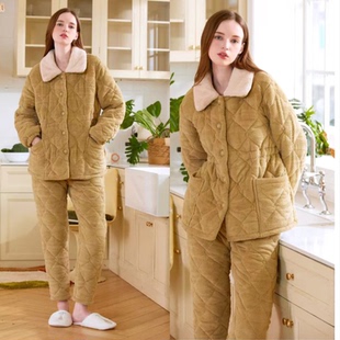 多拉美冬款女士 加厚翻领纯色简牛奶绒收腰保暖睡衣家居服套53285