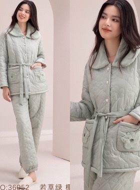 安杜拉冬女 翻领轻羽绒棉薄夹棉加绒系带收腰睡衣家居服套装36052