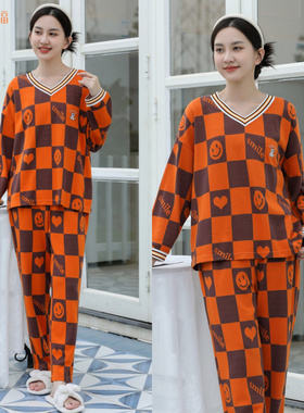 衫福 秋款女士色织提花睡衣长袖翻V领格子笑脸家居服套装63254