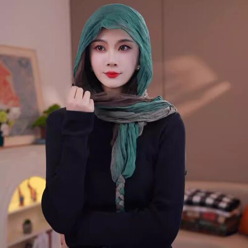 2025春夏新款麻花辫渐变压皱围巾女多功能防晒围巾帽旅游拍照头巾