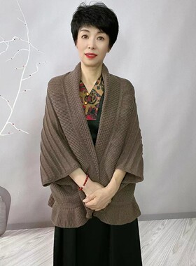 新款秋冬澳绒双层针织披肩女时尚百搭护颈女加厚保暖混纺外搭开衫