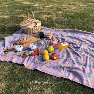 ins同款紫色格子桌布 餐垫 野餐垫摆拍背景布 韩式民宿咖啡店桌布