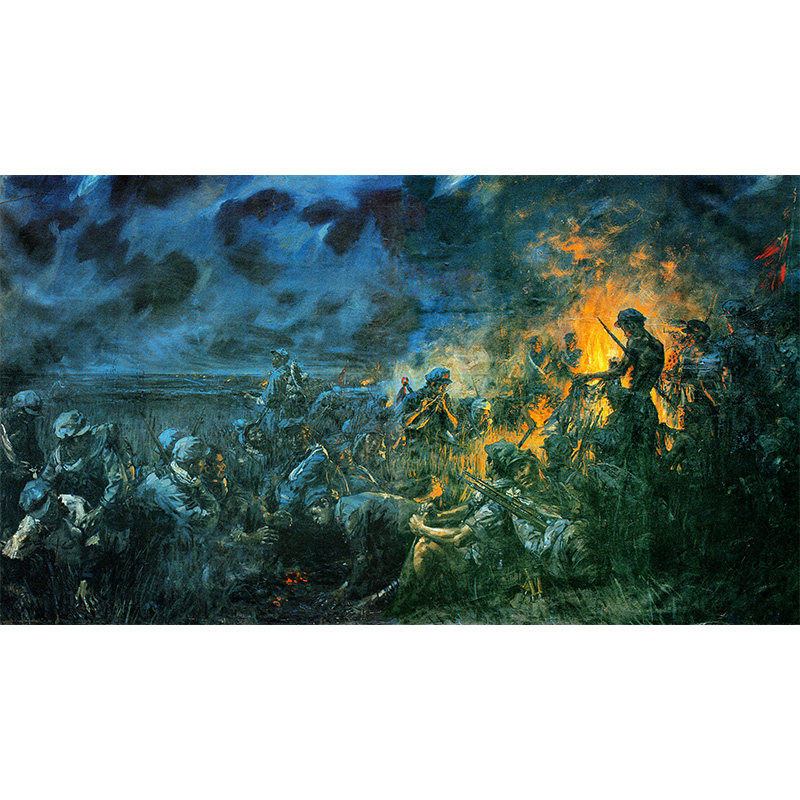 红军不怕远征难-经典长征油画沼泽地里篝火夜空红军战士伤员画面