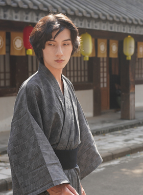 日本男士传统和服浴衣长袍黑灰格日式家居服温泉浴袍腰带套装Cos