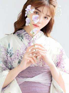 日本传统女士印花浴衣紫藤花紫色夏季yukata日系和服浪漫花卉小纹