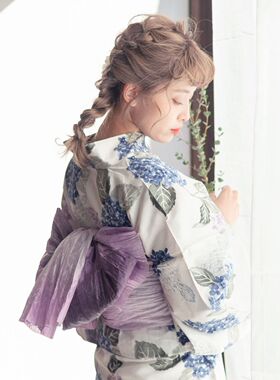 日式浴衣少女和服yukata绣球花印花图案日系小纹套装仿麻透气面料