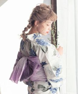 日式浴衣少女和服yukata绣球花印花图案日系小纹套装仿麻透气面料