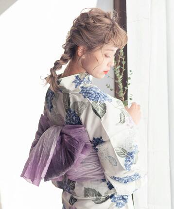 日式浴衣少女和服yukata绣球花印花图案日系小纹套装仿麻透气面料
