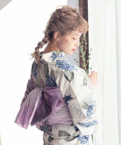 日式浴衣少女和服yukata绣球花印花图案日系小纹套装仿麻透气面料
