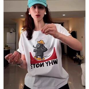 新款 200斤大码 T恤女2026夏季 卡通印花短袖 纯棉宽松白色上衣潮 女装