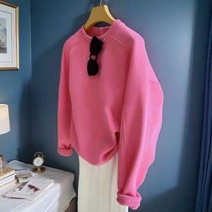 温柔粉色chic上衣 小众减龄显瘦纯色卫衣男女早秋季 200斤大码 韩版