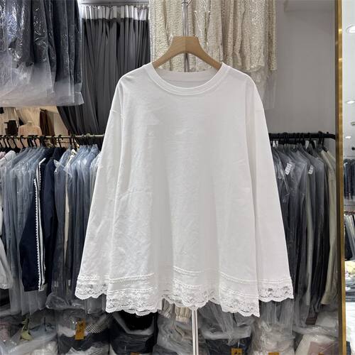 200斤大码2025春季新款下摆袖口蕾丝花边拼接圆领长袖百搭T恤上衣