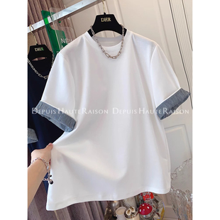 特大码240斤休闲风条纹拼接袖短袖T恤女宽松oversize白色上衣夏季