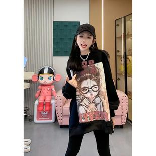 新款 300斤大码 上衣女2024秋冬季 套头长袖 宽松黑色侧拉链卫衣 女装