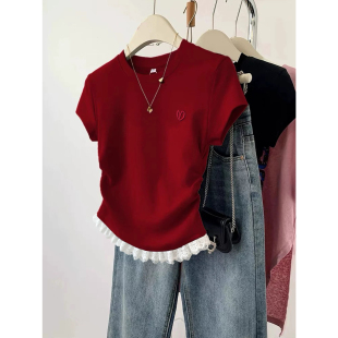 特大码 t恤女夏收腰显瘦设计感上衣 200斤甜美爱心红色爱心蕾丝短袖