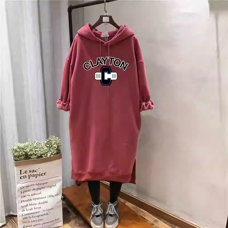 韩版2-300斤胖mm大码冬季加绒裙子卫衣女宽松开叉连帽过膝外套ins