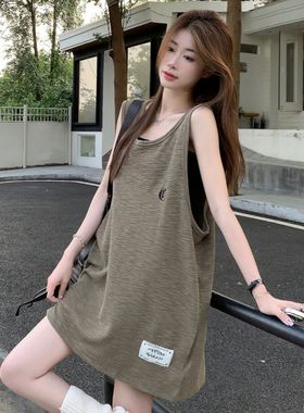 200斤大码中长款无袖T恤女2025夏季新款欧货下装消失吊带背心上衣