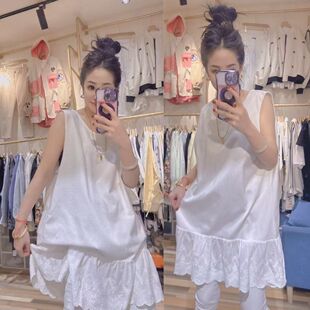 坎肩背心打底T恤圆领纯棉上衣潮 不规则拼接蕾丝无袖 200斤大码 夏季