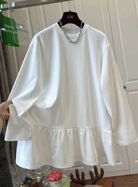 200斤大码慵懒风圆领白色荷叶边长袖T恤女打底衫宽松叠穿春季新款
