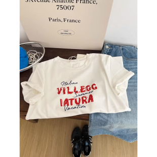 宽松百搭通勤上衣 T恤女2026夏季 200斤大码 纯棉白色字母印花短袖