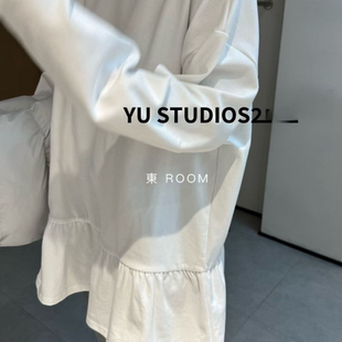 韩版 圆领套头休闲风格 2025秋季 新款 下摆荷叶边T恤女 时尚 200斤大码