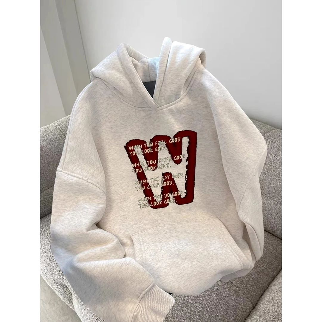 大码女款美式宽松连帽加绒卫衣