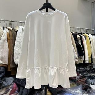 2025春季 百搭圆领下摆荷叶边叠穿长袖 新款 中长款 T恤 韩版 200斤大码
