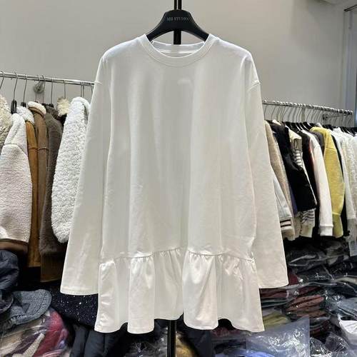 200斤大码2025春季新款韩版中长款百搭圆领下摆荷叶边叠穿长袖T恤