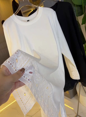 200斤大码简约宽松显瘦镂空蕾丝下摆白色上衣女2025冬中长款小衫