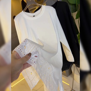 200斤大码简约宽松显瘦镂空蕾丝下摆白色上衣女2025冬中长款小衫