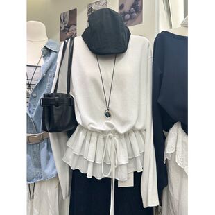 长袖 200斤大码 拼接荷叶边抽绳韩版 纯色百搭韩版 T恤上衣女 秋季