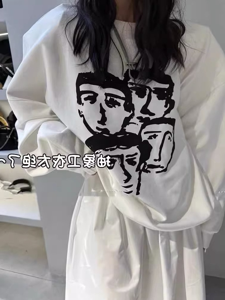 300斤特大码欧货秋冬季抽象人头印花长袖上衣宽松百搭卫衣女潮ins