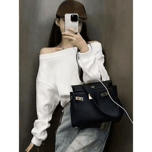 200斤大码美式白色露肩斜肩卫衣女款2025新款爆款春秋高级感上衣