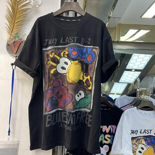 T恤女宽松套头上衣夏 卡通图案字母短袖 200斤大码 欧货2023秋冬新款