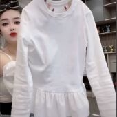 新款 200斤大码 2025春秋季 纯色拼接荷叶边t恤女洋气百搭套头上衣潮