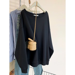 宽松小个子露肩上衣 爆款 200斤大码 黑色斜肩卫衣女秋冬2025新款
