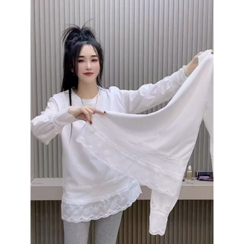 200斤大码镂空蕾丝拼接圆领长袖T恤女2026早春新款宽松打底衫上衣,女装/女士精品,T恤,淘宝优惠券,粉丝福利购,淘宝优惠卷