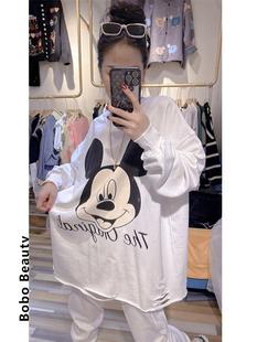 300斤特大码女装新款米奇破洞圆领卫衣女休闲宽松中长款套头上衣