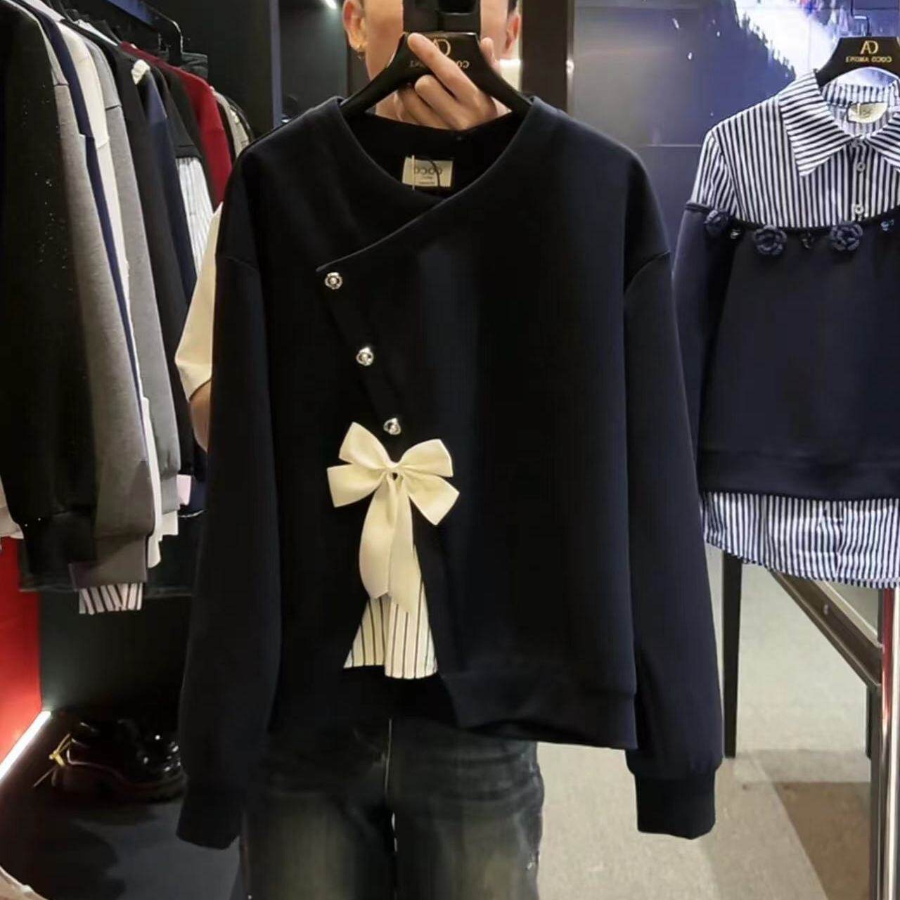 2024秋冬设计新款学院风高级感拼接蝴蝶结洋气百搭显瘦长袖卫衣女