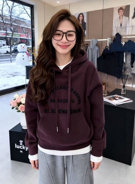 200斤大码紫色长袖连帽加绒卫衣女秋冬洋气字母印花宽松显瘦上衣