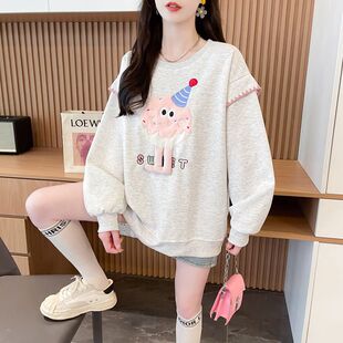 300斤特大码甜美可爱风卡通刺绣卫衣女薄款秋冬宽松少女学生上衣